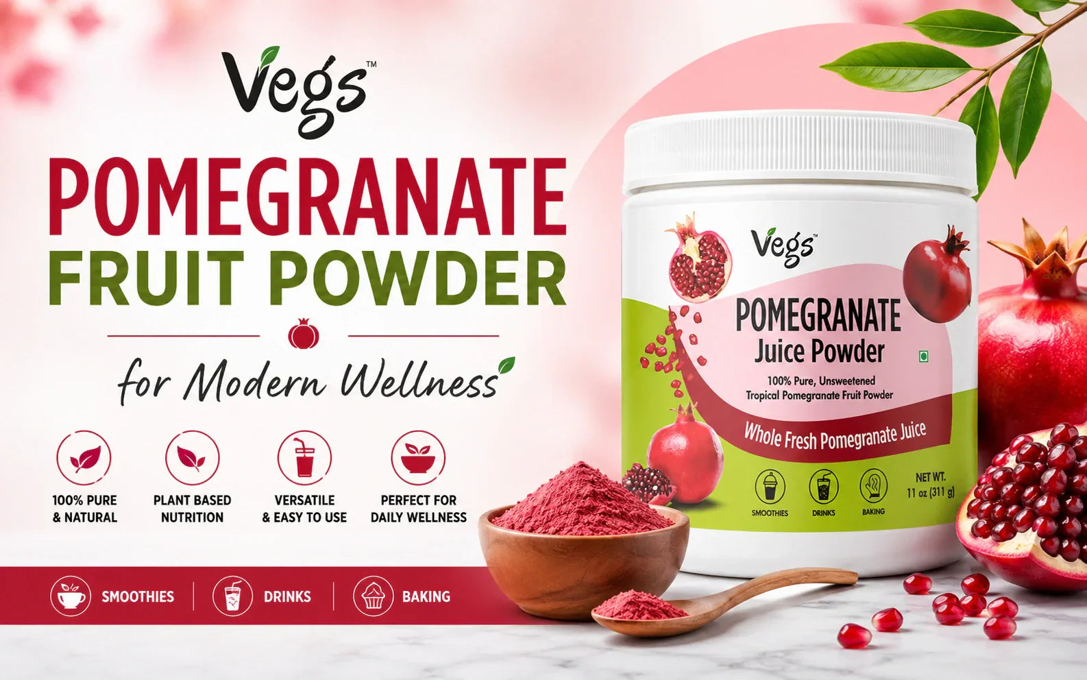 Vegswell Pomegranate Juice Powder jar displayed with fresh pomegranates and red pomegranate powder for smoothies, drinks, and baking.